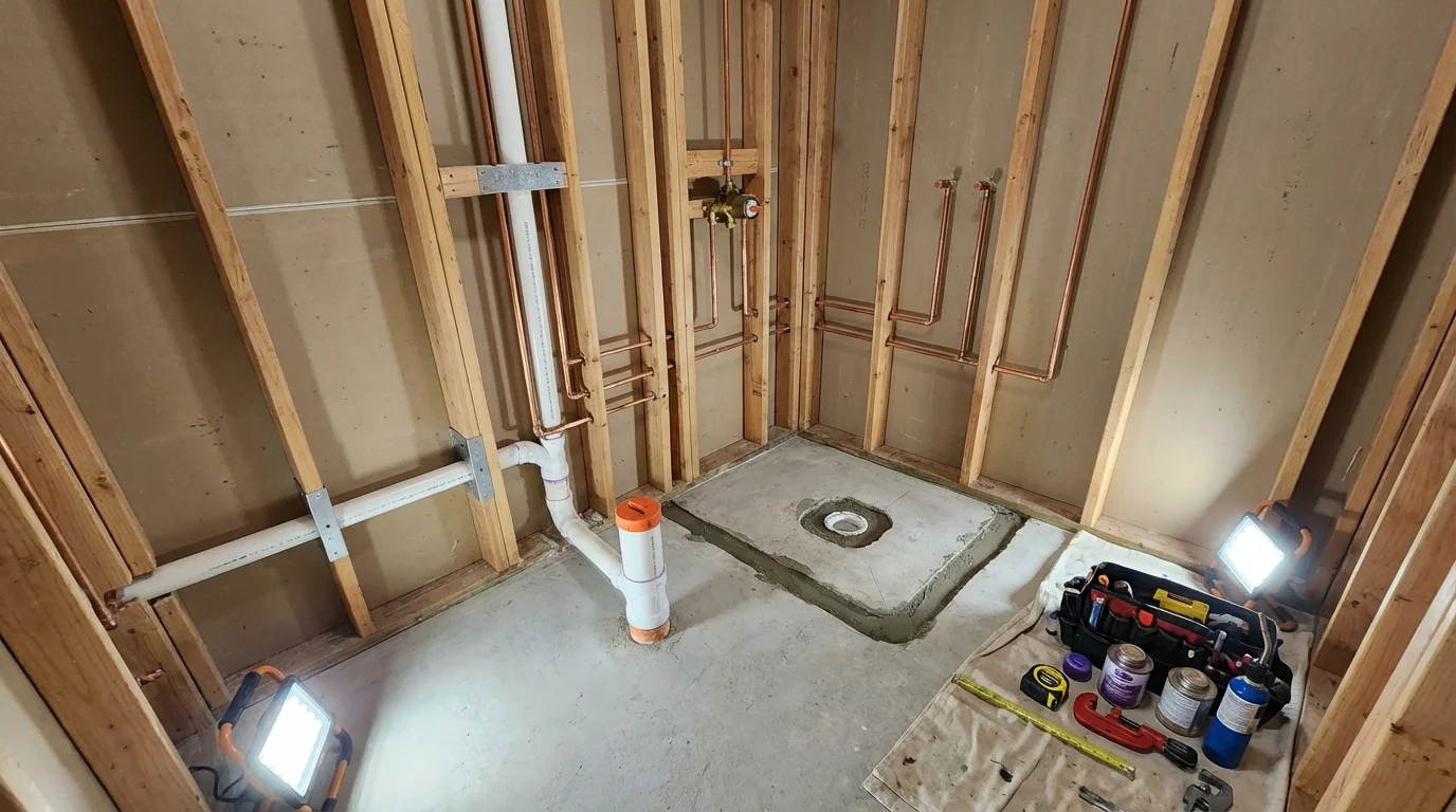 Bathroom rough-in plumbing during remodel by Johns Plumbing LLC in Edgerton
