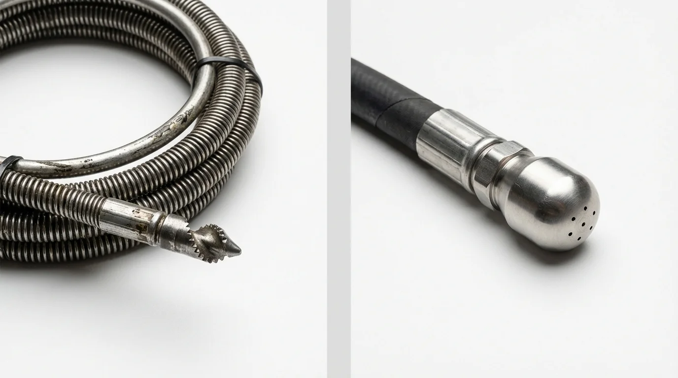 Drain snake cable and hydro jetting nozzle used for drain cleaning in Edgerton, WI