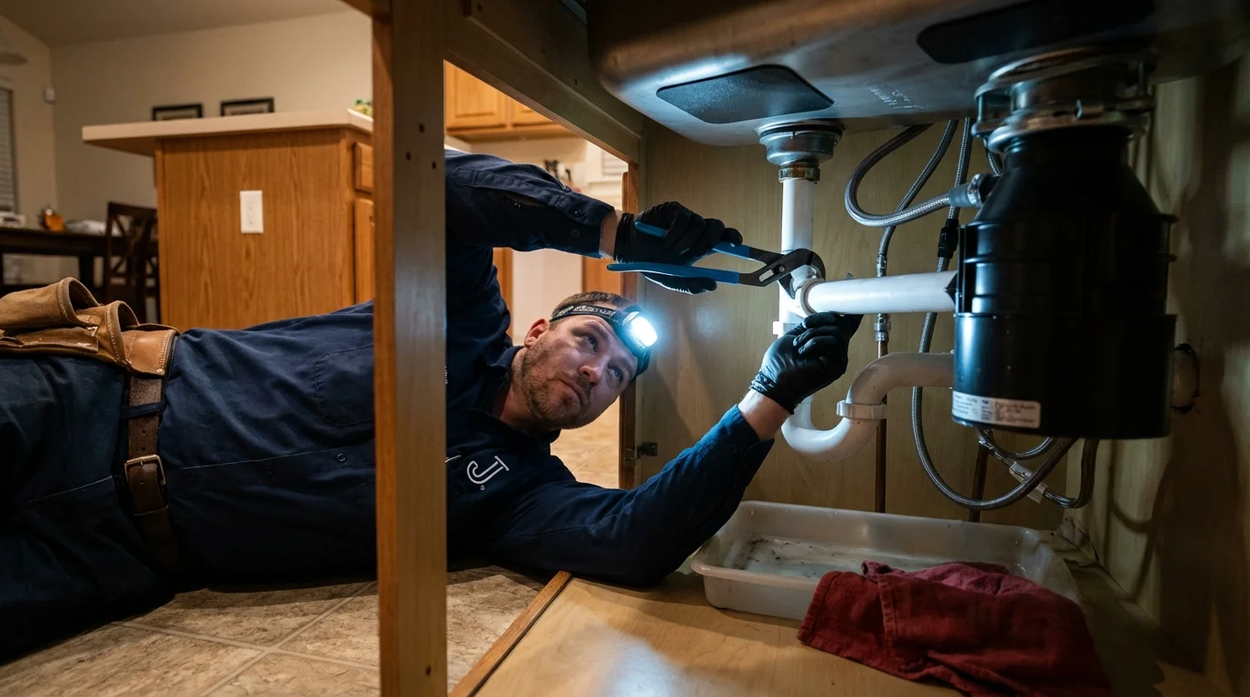 P-trap and supply line connections under a kitchen sink showing a common leak point in Edgerton, WI